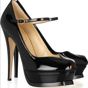 YSL- Tribute Black Patent Leather Mary Jane Peep Toe Platform Heel